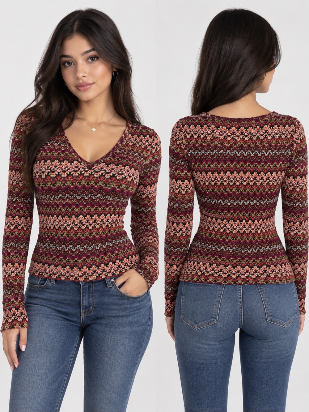 Eyeshadow Burgundy Multi-Pattern V-Neck Long Sleeve Top